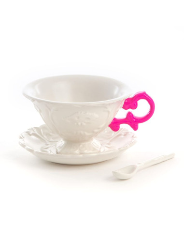 Tasse I-Tea avec anse fuchsia et petite cuillère I-Wares en porcelaine par Selab x Seletti