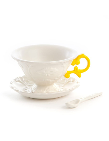 Tasse I-Tea avec anse jaune et petite cuillère I-Wares en porcelaine par Selab x Seletti