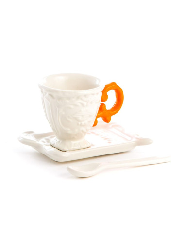 Tasse I-Coffee avec anse orange et petite cuillère I-Wares en porcelaine par Selab x Seletti