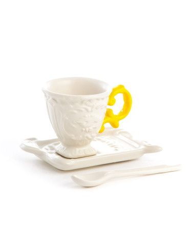 Tasse I-Coffee avec anse jaune et petite cuillère I-Wares en porcelaine par Selab x Seletti